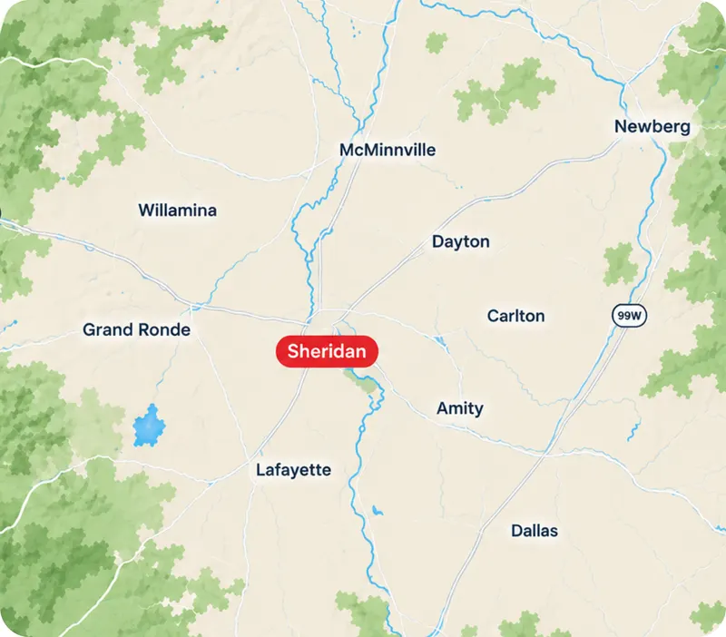 Map of the service area around Sheridan, Oregon, including Sheridan, McMinnville, Willamina, Amity, Dayton, Newberg, Carlton, Grand Ronde, Lafayette, Dallas